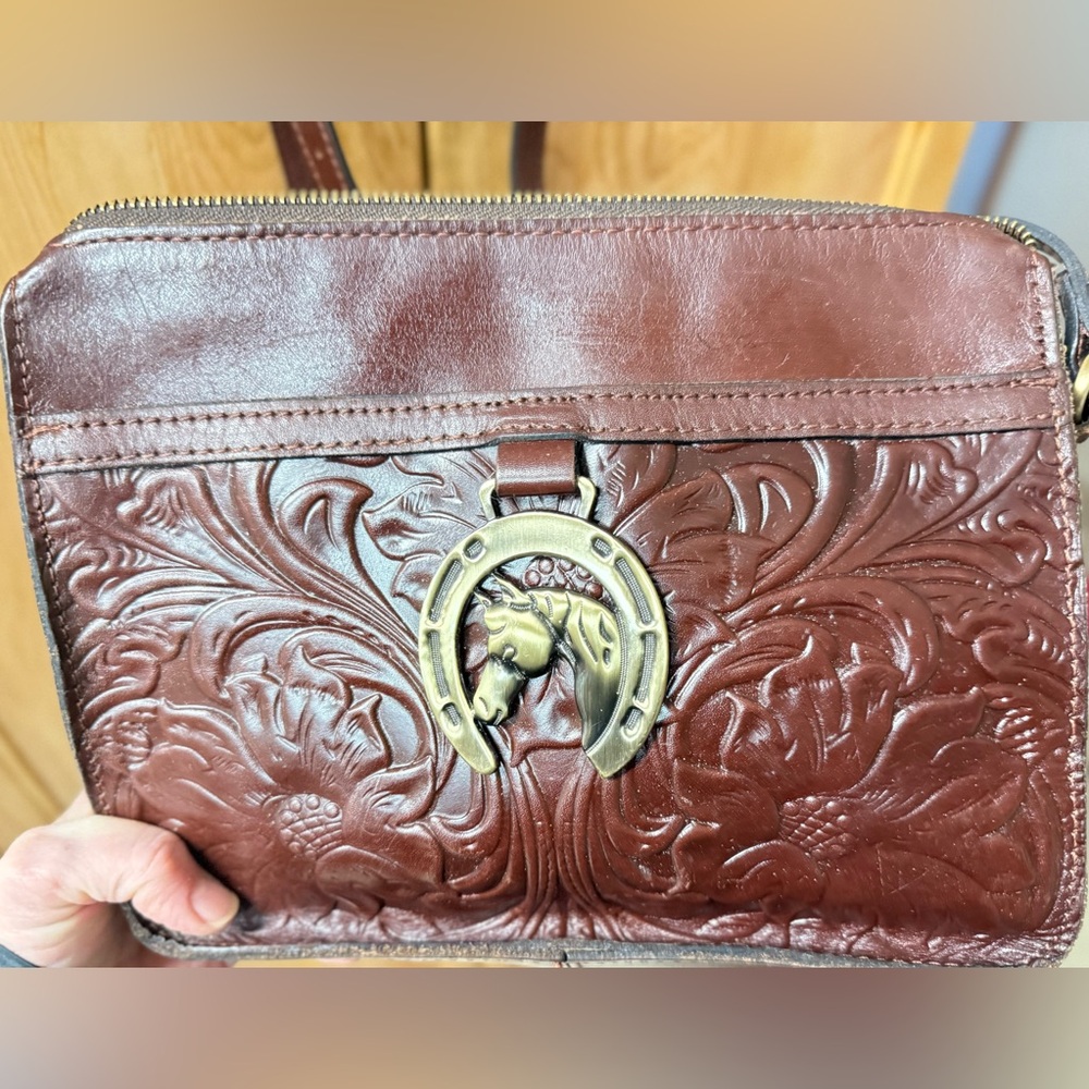 Patricia Nash Brown Embossed Crossbody Bag with gold horse
